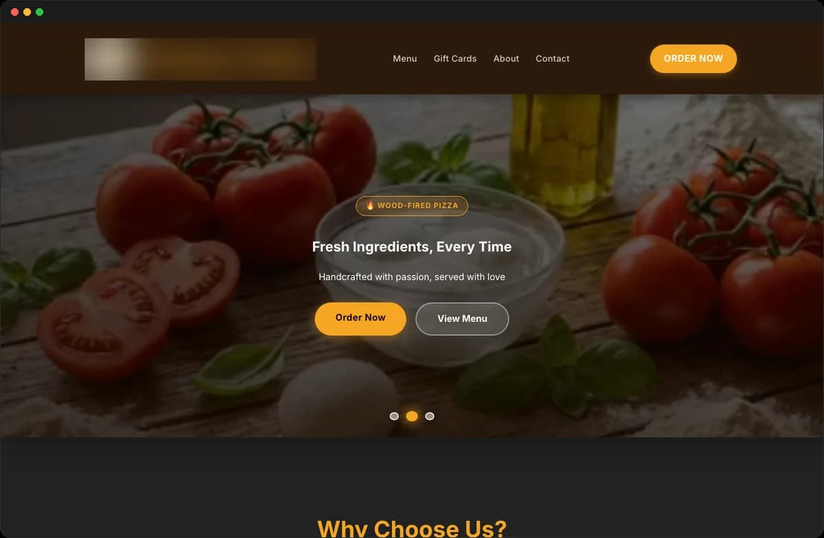 Homepage of an online ordering website built for a Canberra wood-fired pizza truck