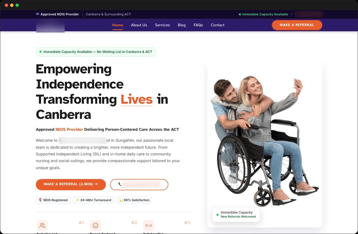 Homepage of an accessible, WCAG 2.2 AA website built for a registered NDIS provider