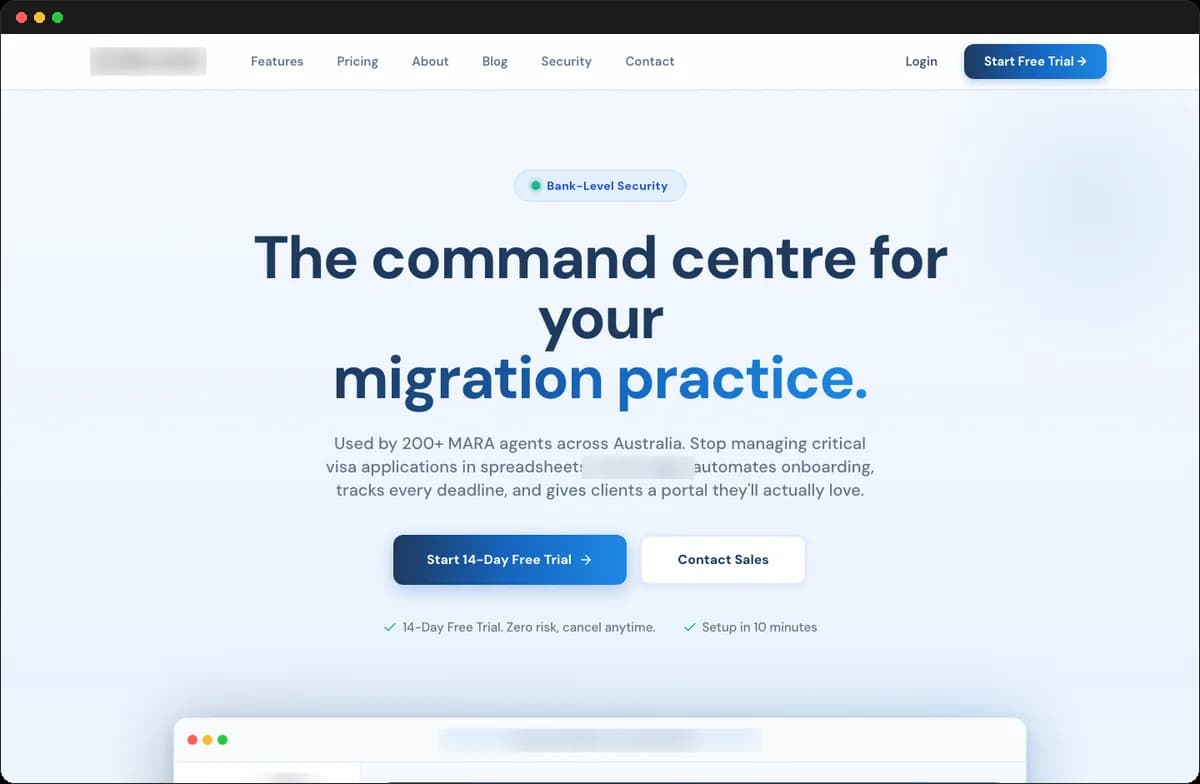 Dashboard and marketing site of a production SaaS CRM built for Australian migration agents